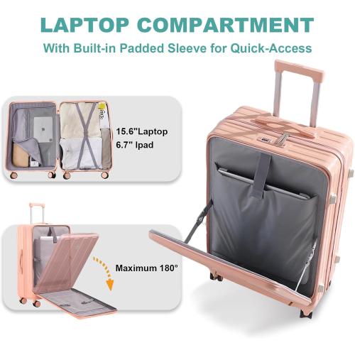 Gets Carry on Luggage Airline Approved,20 Inch Abs Pc Hardshell Spinner Luggage With Cup Phone Holder and USB Charger,Front Pocket Durable Suitcase for Women Men-Pink( has a crack by the side handle)
