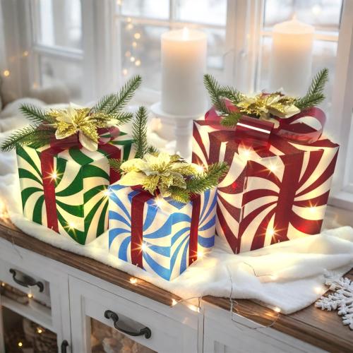 COLORFUL CANDY CANE Uieke Set of 3 Christmas Lighted Gift Boxes Christmas Decorations, 60 LED Lights Present Boxes Ornament with Red Green and Blue Stripe for Xmas Tree Indoor Yard Home Party Gift Box Decorations