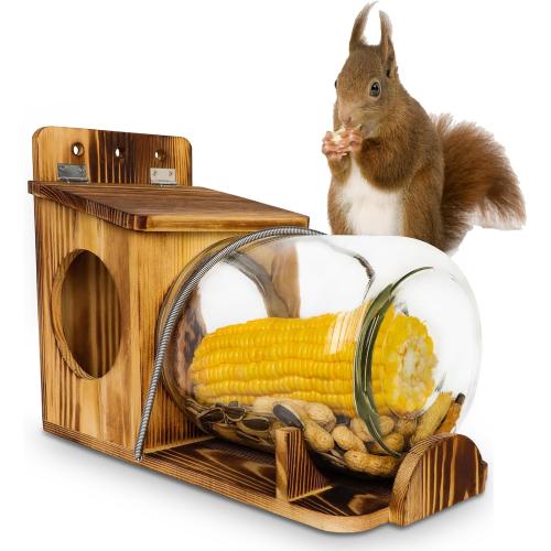 No Assembly Squirrel Feeder,Natural Wood Backyard Gallon Jar Large Squirrel Feeders for Outside Funny for Corn Cobs, Peanuts and Seeds