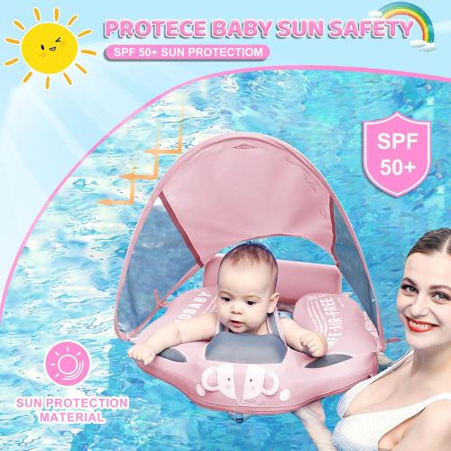 Mambobaby Baby Swim Float with Canopy & Tail Infant Pool Float Non-Inflatable Toddler Swim Float with Skin-Friendly Material for 3-24 Months Baby Boys Grils Elephant Pink | UPF50  Sun Protection, Skin-Friendly, Non-Inflatable, Removable Canopy & Tail, 3-24 Months Baby Boys Girls