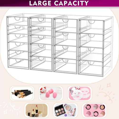 Acrylic Makeup Organizer with 19 Drawers, 4 Pack Clear Storage Drawers, Bathroom Makeup Organizer for Palettes, Cosmetic, and Beauty Supplies,Ideal for Vanity, Cabinet,Desk Organization