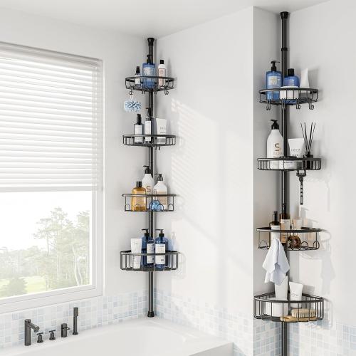 Corner Shower Caddy Tension Pole: Stainless Steel Rustproof 4-Tier Shower Organizer - 47-121 inch Adjustable Bathroom Shelves for Bathtub Shampoo Storage - Tension Rod Floor Standing Bath Rack - Black