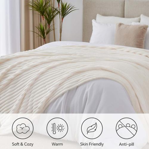 BEDELITE King Size Blanket for Bed, 300GSM Soft & Warm Fleece Blanket, Decorative and Giftable Striped Cream White Blankets for Women, Men, 108x90