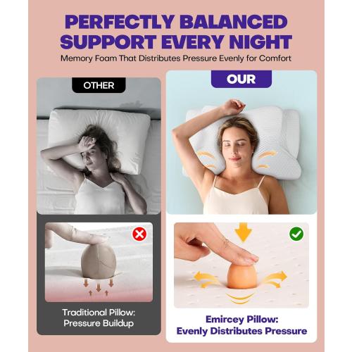 Cervical Neck Support Pillow for Side Sleepers, Orthopedic Contour Memory Foam Pillow for Neck Relief, Ergonomic Sleeping Pillow for Back and Stomach Sleepers, Cooling Pillow for Sleeping, White