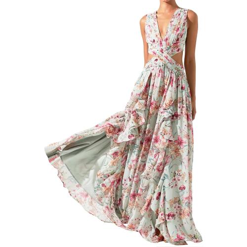 Size S Tsukko Maxi Flora Vacation Dress Sleeveless Backless Ruffle Pleated for Women Cutout Chiffon