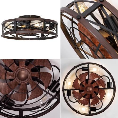 SHLUCE 19 Caged Low Profile Ceiling Fan with Light, Farmhouse Small Flush Mount Ceiling Fans with Lights and Remote, Rustic Bladeless Ceiling Fan with Light for Bedroom, Kitchen, Brown - ETL