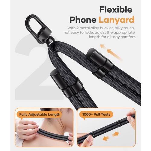 for Phone Lanyard Crossbody with 2X TPU Clear Tabs, Adjustable Anti Theft Strap, Premium Metal Buckles, Comfortable Universal Neck Wrist Lanyard for Travel Outdoor, Black