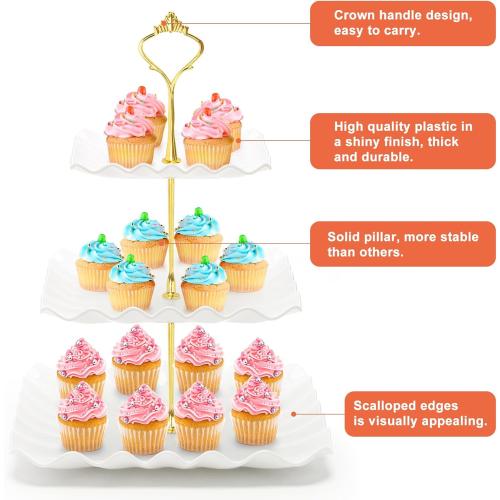 Coitak 3 Tier Cupcake Stand, Plastic Tiered Serving Stand, Square Dessert Tray for Tea Party, Baby Shower and Wedding (Pure White)