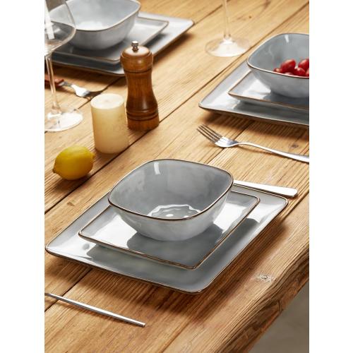 Famiware Dinnerware Sets for 8, Ocean Square 24-Piece Kitchen Plates and Bowls Sets, Microwave and Dishwasher Safe, Scratch Resistant, Grey