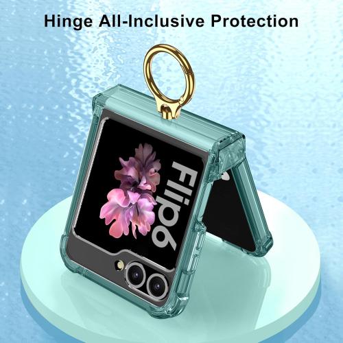 for Samsung Galaxy Z Flip 6 Clear Case Luxury Hinge Protection with Ring Holder & Screen Protector Soft All-Inclusive Shockproof Cover (Green)