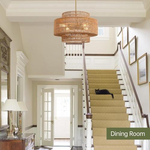 4-Light Boho Rattan Chandelier Light Fixture, 17.7” Hand Woven Rustic Chandeliers Farmhouse Chandelier Hanging Light for Dining Room Kitchen Island, Living Room, Foyer