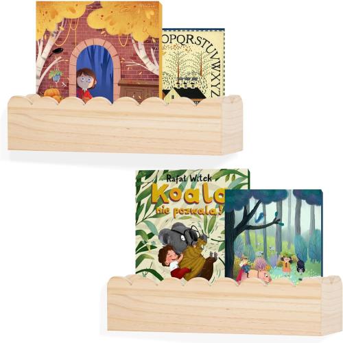Wood Floating Shelves for Wall ,Nursery Bookshelf,Kids Book Shelf ,Baby Toys Storage Decor Organizer Wall Mounted for Living Room Bedroom,Wavy Edge,Preassembled,2 Pack,Scalloped Pine(Natural Wood)