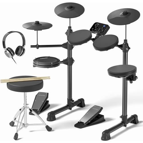 AODSK Electric Drum Set for Beginner Kids with 150 Sounds,4 Quiet Drum Pads,2 Pedal,Throne,Sticks,Electronic Drum with Headphone,AED-400