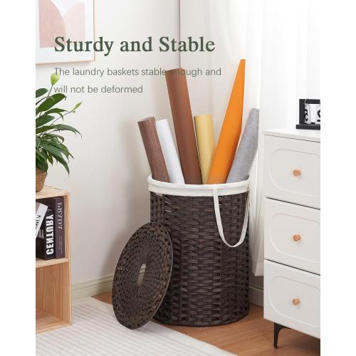 SETVSON Laundry Basket with Lid Round Rattan Laundry Hamper with Lid and Handles 29.1 Gal (110 L) Handwoven Woven Basket with Removable Bags and 2 Mesh Bags for Bathroom Living Room Brown