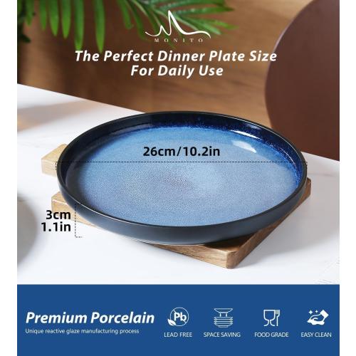 MONITO Ceramic Dinner Plates Set of 6,10.5 Inch Reactive Glaze Porcelain Plates, Dinnerware Dishes Set for Kitchen, Blue Ice