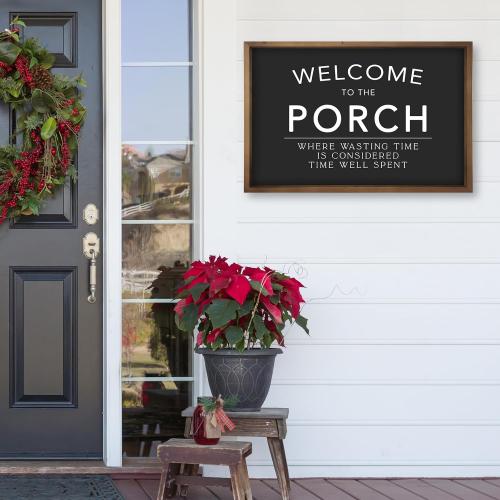 23.6x15.7 Welcome to Our Porch Sign | Wooden Large Front Back Porch Wall Decor, Outdoor Patio Hanging Art, Black and White Farmhouse Decoration for Home