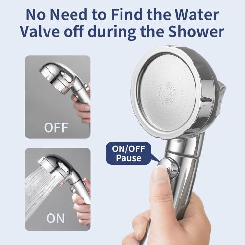 HANLIAN High Pressure Shower Head with Pause Button, 3 Spray Modes Shower Head for RV Camper, Water Saving On Off Shower, Handheld Shower Head with Hose and Adjustable Self-adhesive Holder (Chrome)