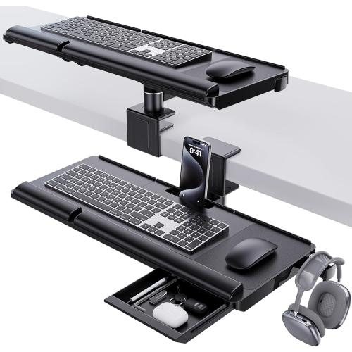 Klearlook Upgraded Adjustable Keyboard Tray for Above Desk & Under Desk Use - Ergonomic Sit-Stand Keyboard Riser with 360° Rotation, 24.4×10 Keyboard Stand with Wrist Rest & Storage Drawer - Black
