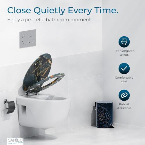 SANILO Wooden Toilet Seat with Soft Close [ELONGATED] - Decorative, Quiet & Slow Close Molded Wood Seat - With Strong Bumpers & Hinges - Adjustable Fit - Monstera