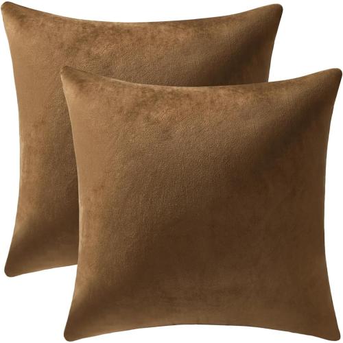 DEZENE Throw Pillow Cases 16x16 Golden Brown: 2 Pack Cozy Soft Velvet Square Decorative Pillow Covers for Farmhouse Home Decor