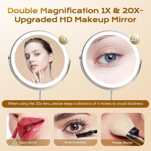 9 Makeup Mirror with Lights, 20X Vanity Mirror with Lights,3 Color Height Adjustable Lighted Makeup Mirror with Magnification, 5000mAh Rechargeable 360° Double Sided LED Mirror for Desk, Women Gift