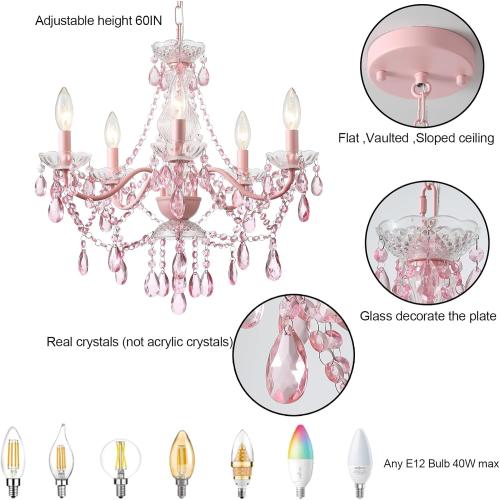 AMZASA Modern Crystal Pink Chandelier, Not Acrylic Crystal,Pink Crystals Hanging Pendant Light for Girls Room,Ceiling Medallions, Farmhouse Glass Chandelier for Wedding, Kitchen, Dining,Foyer,Island