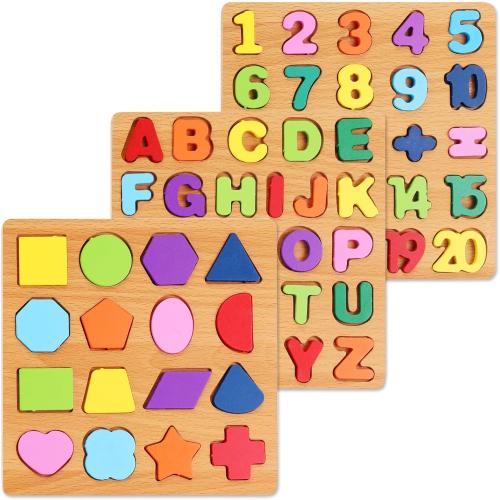 MISSING A! Wooden Puzzles for Kids Ages 3-5, 3 Pack ABC Number and Shape Learning Toys