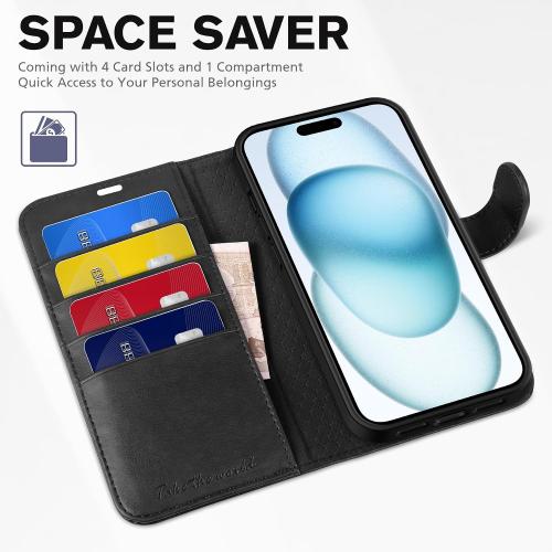 TUCCH Wallet Case for iPhone 15 Plus (6.7) 2023, 4 Card Holders, Black