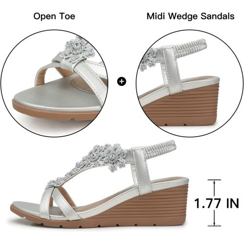 TEMOFON Women's Low Wedge Heels Summer Dressy Platform Sandals Elastic Ankle Strap Open Toe Flower Shoes size 40