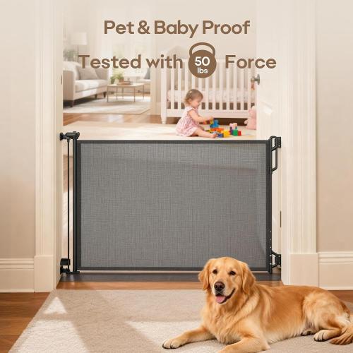 SPACEANY Retractable Safety Baby Gate or Mesh Dog Gate,Durable Portable Mesh Retractable Gate,Easy to Use for Stairs, Doorways, Hallways, Indoor, Outdoor, 33.5 Tall, Up to 45 Wide, Black