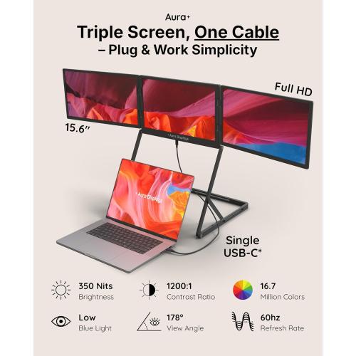 Triple Aero 15.6” Pro Max | Premium Triple Portable Monitor Extender | Full Aluminum | Quad Screens | 3×15.6” FHD 1080P HDR IPS | USB-C & HDMI | Compatible with 11-18” Laptops