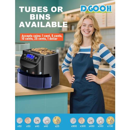Coin Counter and USD Coin Sorter with LCD Display, 300-Coin Capacity, Automatic Change Counter for 1￠ 5￠ 10￠ 25￠ $1, 270 Coins/min,Coin Sorter and Wrapper Machine for Fast & Accurate Sorting
