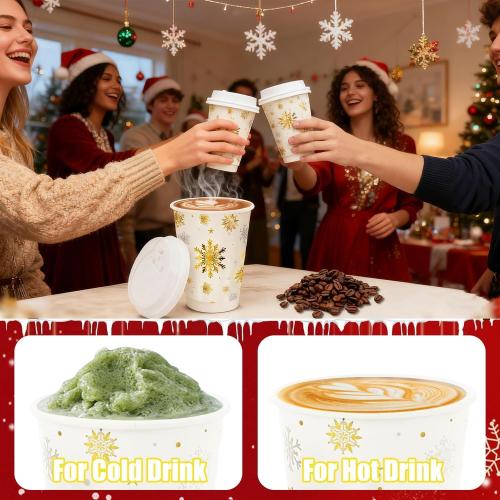 100 Pcs Christmas Coffee Cups with Lids 12oz Gold Foil Snowflake Paper Cups Insulated Cups for Xmas Hot Cocoa Beverage Winter Party Supplies Hot Chocolate Coffee Water Tea Xmas Holiday Supplie