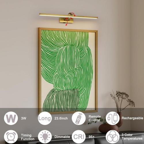 Wireless Picture Lights for Wall Battery Operated, Brass Art Lighting for Paintings Rechargeable Gallery lights with Remote and Timer 3CCT Dimmable Painting Lights for Artwork Portrait 23.6 inch