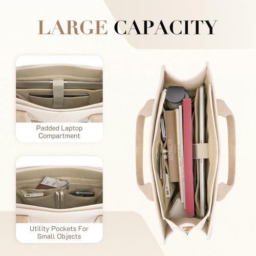 Missnine Tote Bag Canvas Laptop Bag 15.6 inch Briefcase for Women Large Capacity Handbag for Office, College, Travel (Croc-embossed Light Khaki)