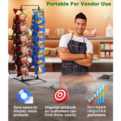 Chip Rack Display Stand, Potato Chip Display Rack with 24 Clips, 2 Row Chip Bag Holder for for Party Display, Snack Retail Display Rack Chip Stand Display for Countertop Store, Black