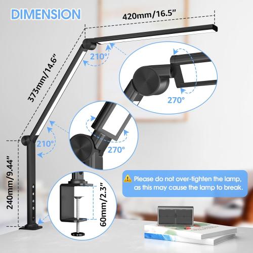 Black ShineTech LED Desk Lamp with Clamp, Architect Lamp for College Dorm & Home Office, Dual Lights with 4CCCT & 5 Brightness Levels for Sewing, Studying, Working