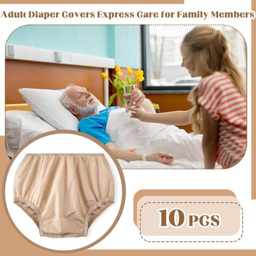 M 10 Pcs Adult Plastic Diaper Cover Pull-On Cover Plastic Pants Reusable Incontinence Waterproof Pants(Medium,Beige)