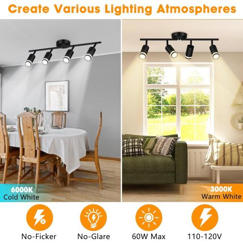 4-Light Kitchen Lighting Fixtures Ceiling Mount, Black Track Semi Flush Mount Ceiling Light, Modern Adjustable Multi-Directional Hallway Light Fixtures for Living Room, Dining Room, Foyer