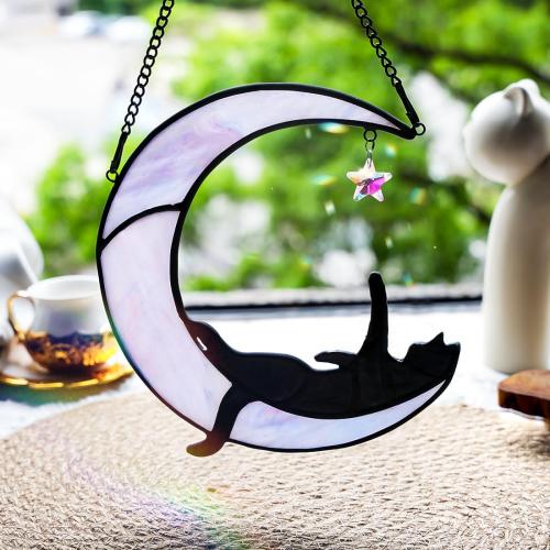 BOXCASA Black Cat Moon Suncatchers for Windows Hanging,Funny Stained Glass Cats Gift,Witchy Gifts for Women,Cats Themed Gifts for Women