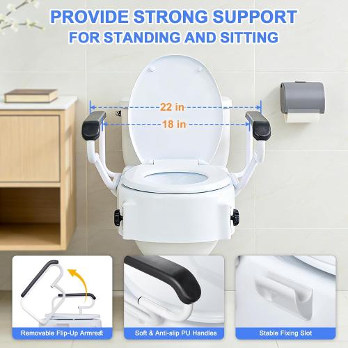 Raised Toilet Seat with Handles, 3 Heights (2/3.5/5 inch) Adjustable, Toilet Seat Riser for Seniors After Hip/Knee Surgery, 300lbs, Fits Round Toilet, with Lid, White | Adjustable Height