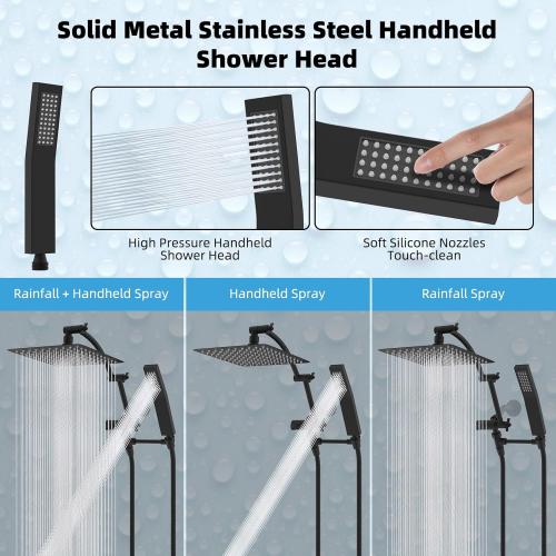 New Open for inspection Hibbent All Metal 10'' Rainfall Shower Head, Dual Shower Head Combo, High Pressure Handheld Shower Wand, 16'' Adjustable Arc-shaped Shower Extension Arm, 71'' Hose, Showerhead Holder, Matte Black