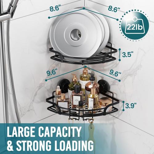 TAILI Powerful Suction Cup Corner Shower Caddy 2 Pack, Stainless Steel Rustproof Shower Shelf with Hook, Drill-free Wall Mounted Basket, Large Capacity Removable Suction Cup Bathroom Organizer, Black