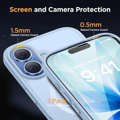 Miracase Magnetic for iPhone 17 Case (Compatible with MagSafe) with Screen Protector Military-Grade Protection, Anti-Fingerprint Translucent Matte Phone Cover for iPhone 17 6.3 inch, Light Blue