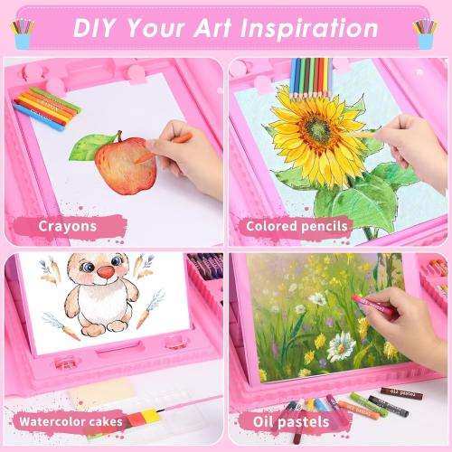 208 PCS Art Supplies,Drawing Art Kit Painting Art Set for Kids Girls Boys Artist, Gift Box with Trifold Easel, Includes Pastels, Crayons, Colored Pencils, Coloring Book, Scissors, Origami Paper 40 Sh.