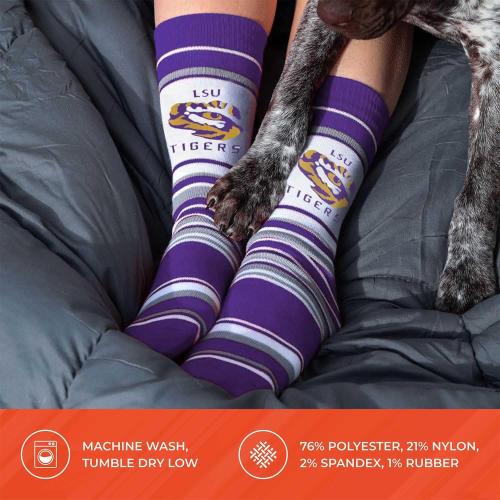 Color Purple Size Adult One size For Bare Feet Collegiate University Striped Dress Socks, One Size Fits Most Footwear for Men Women Youth, Game Day Apparel