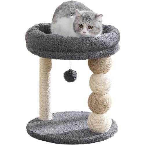 Grey YOCAN Small Cat Tree Tower Indoor with Large Cozy Plush Top Perch, Natural Sisal Scratching Posts, Interactive Dangling Ball Great for Kittens and Cats