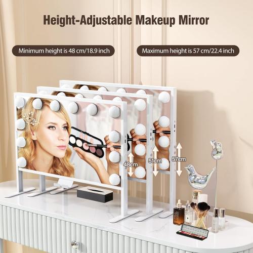 BESTOPE PRO Vanity Mirror with Lights, 23.6 x 22.4 Makeup Mirror with Lights and 3 Color Mode, Height Adjustable Hollywood Mirror with 2 Organizer, USB Charging Port, Phone Holder, Women Gifts