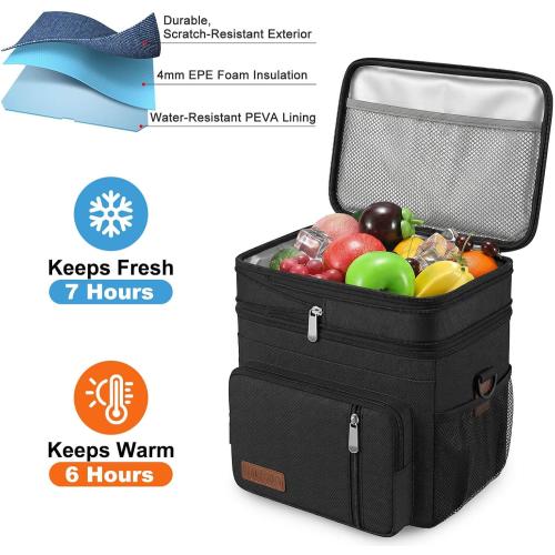 MIYCOO Lunch Bag & Lunch Box for Men Women, Double Deck & Leakproof | Insulated Soft Large Adult Camping Cooler bag for Work, Beach, Picnic, Travel (Black, 15L)