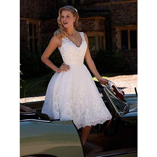 Short Lace Wedding Dresses (104x86) Knee Length Travel Tulle Rhinestones V-Neck Lace Up Bride Gowns Vintage Dress